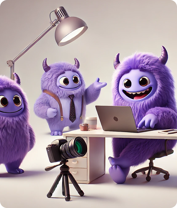 purple monsters creating TikTok marketing content in a studio
