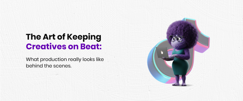 tiktok growthcharter purple monster standing working on a macbook