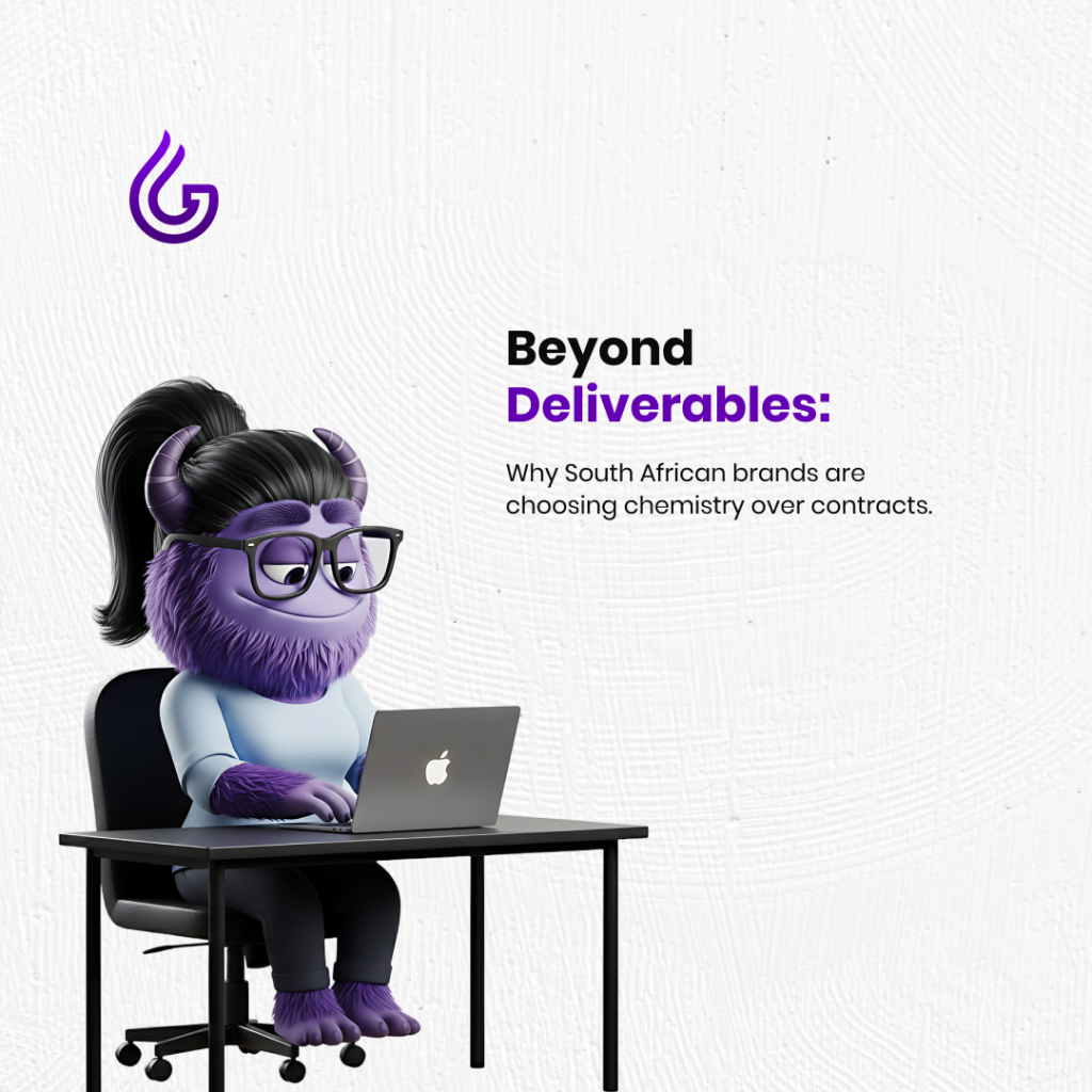tiktok growthcharter purple monster sitting at a desk working