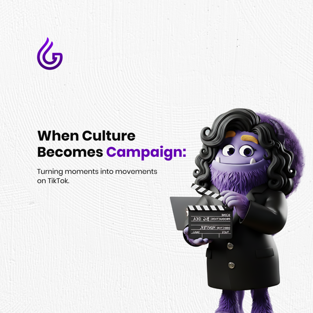 tiktok growthcharter purple monster holding an action sign for creative directions