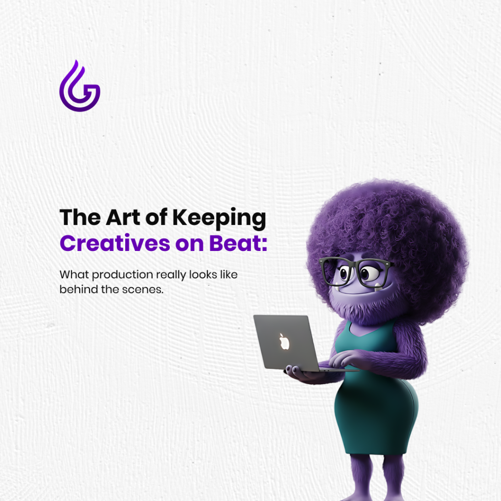 tiktok growthcharter purple monster standing working on a macbook